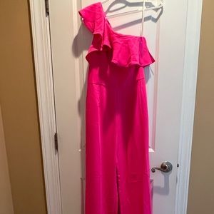 NWT. Bright pink, one shoulder jumpsuit.